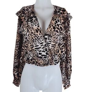 Blue Life Animal Style Ruffle Shoulder Faux Wrap Blouse Womens S